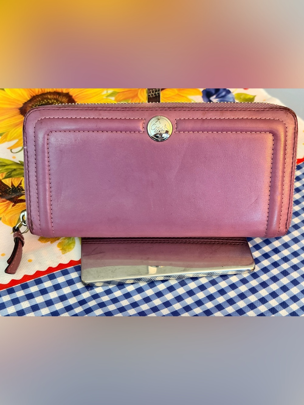 Coach Pink-Mauve Leather Zip Wallet with Signature Metal Button